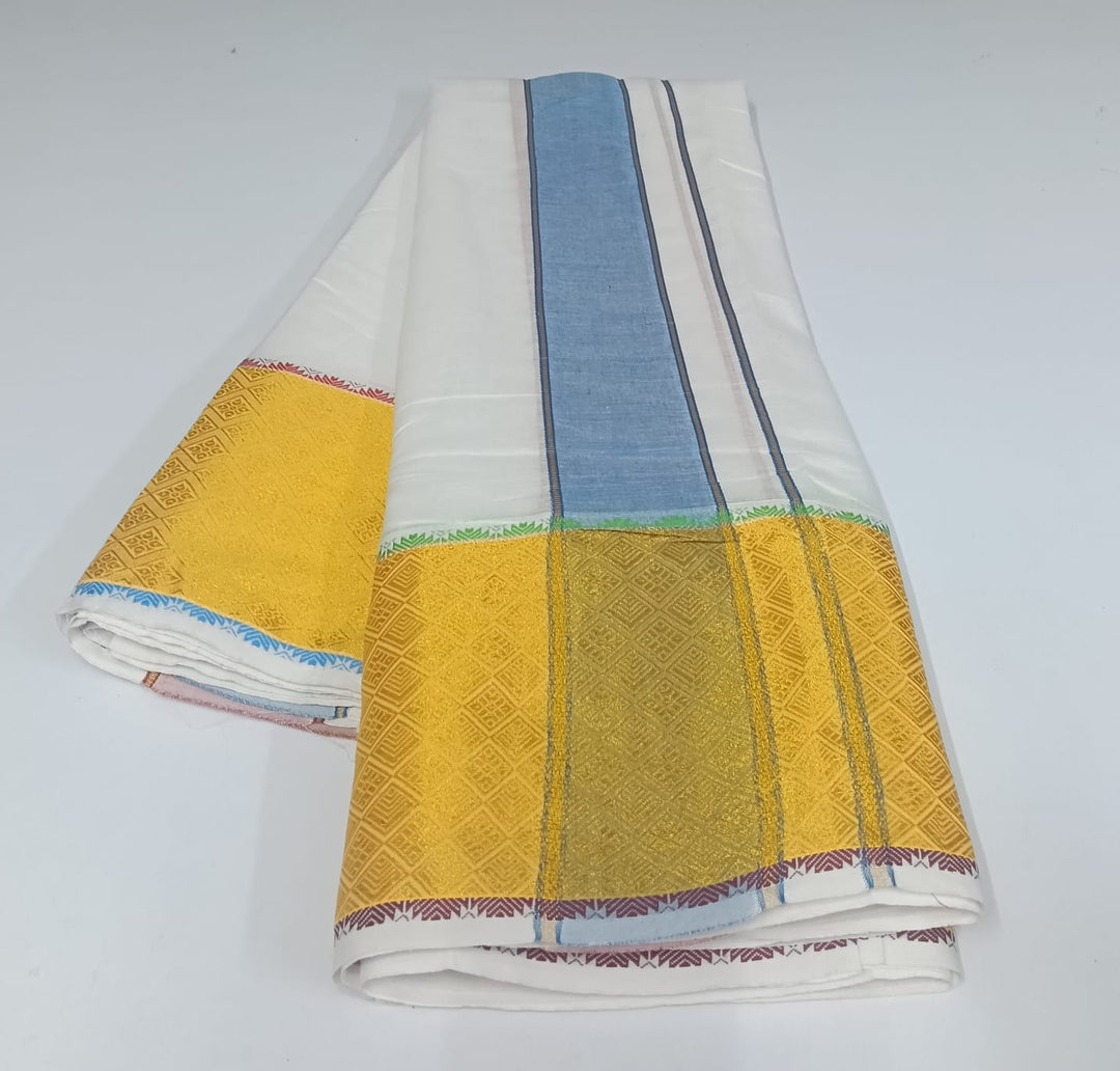 Cotton Dhoti and Angavastram in White, unstitched With Gold Big Zari Border| SHOBITAM