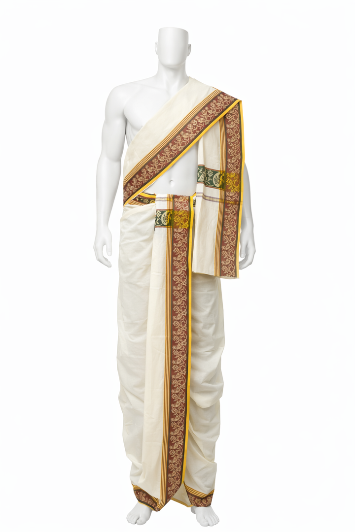 Cotton Dhoti and Angavastram in White, unstitched,  With Ganga Jamuna Zari Border | SHOBITAM