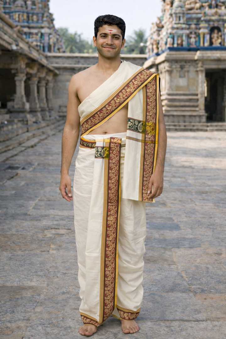 Cotton Dhoti and Angavastram in White, unstitched,  With Ganga Jamuna Zari Border | SHOBITAM