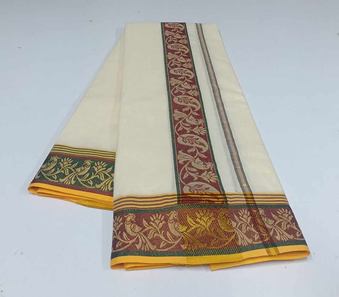 Cotton Dhoti and Angavastram in White, unstitched,  With Ganga Jamuna Zari Border | SHOBITAM