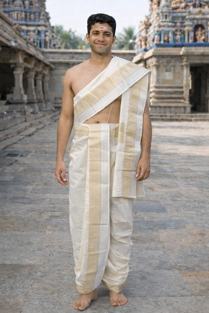 Cotton Rich  Dhoti and Angavastram unstitched in White With Zari Jaquard Border | SHOBITAM