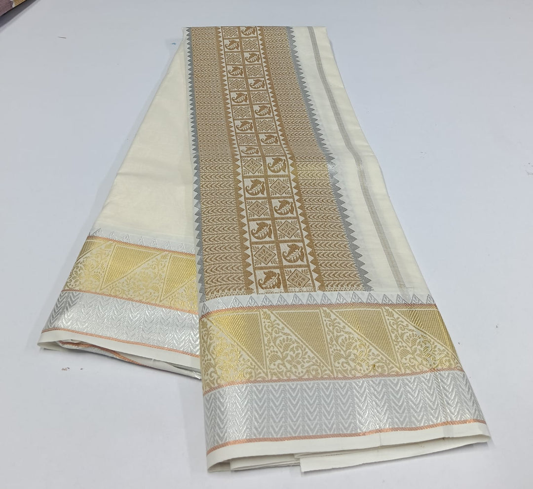 Cotton Rich  Dhoti and Angavastram unstitched in White With Zari Jaquard Border | SHOBITAM