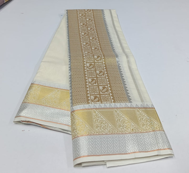 Cotton Rich  Dhoti and Angavastram unstitched in White With Zari Jaquard Border | SHOBITAM
