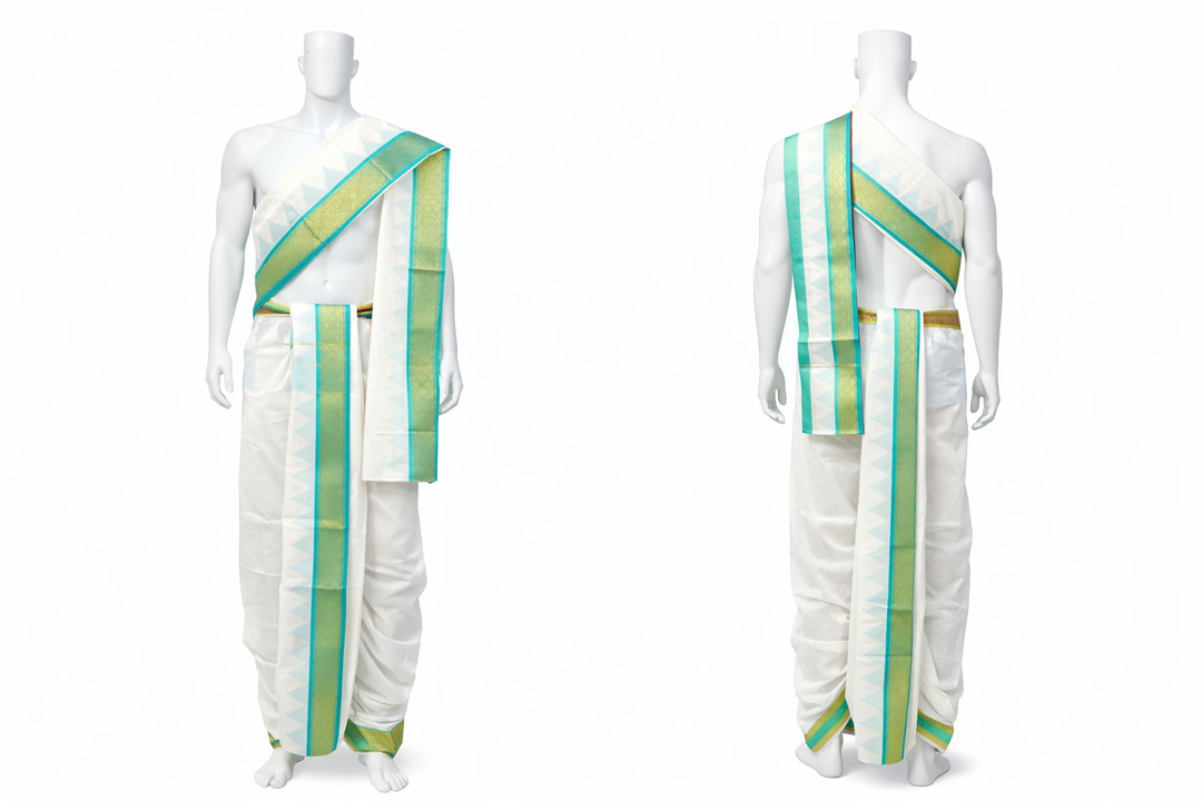 Cotton Dhoti and Angavastram, unstitched in White With Ganga Jamuna Thalam Poo Zari Border | SHOBITAM