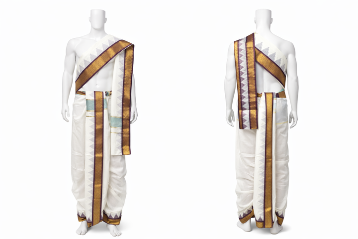 Cotton Dhoti and Angavastram, unstitched in White With Ganga Jamuna Thalam Poo Zari Border | SHOBITAM