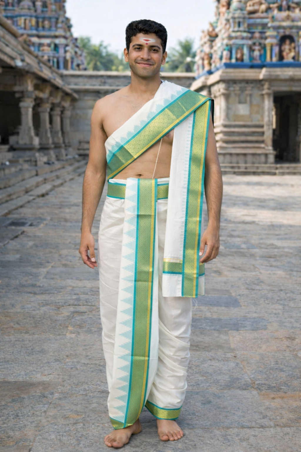 Cotton Dhoti and Angavastram, unstitched in White With Ganga Jamuna Thalam Poo Zari Border | SHOBITAM