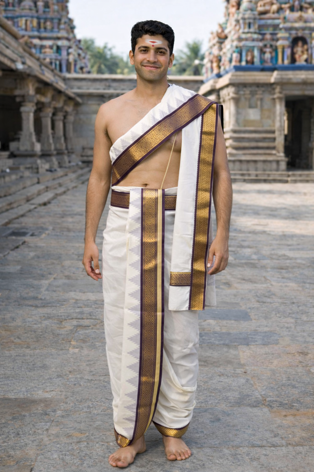 Cotton Dhoti and Angavastram, unstitched in White With Ganga Jamuna Thalam Poo Zari Border | SHOBITAM