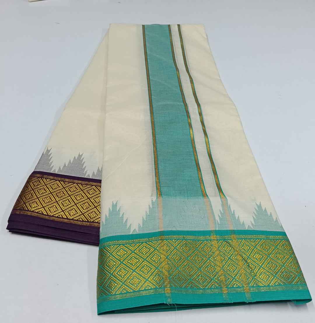Cotton Dhoti and Angavastram, unstitched in White With Ganga Jamuna Thalam Poo Zari Border | SHOBITAM