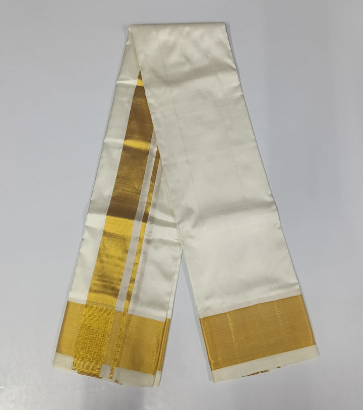 Handloom Pure Silk Dhoti with Matching Angavastram, unstitched in White and Gold Zari Border | SHOBITAM