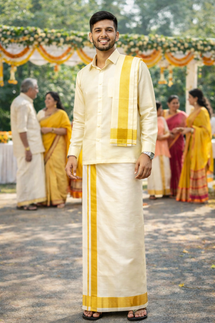 Handloom Pure Silk Dhoti with Matching Angavastram, unstitched in White and Gold Zari Border | SHOBITAM