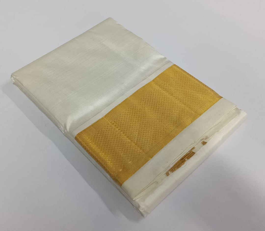 Handloom Pure Silk Dhoti with Matching Angavastram, unstitched in White and Gold Zari Border | SHOBITAM