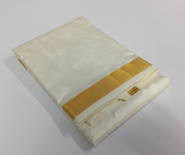 Handloom Pure Silk Dhoti with Angavastram, unstitched in White and Gold Zari Border | SHOBITAM