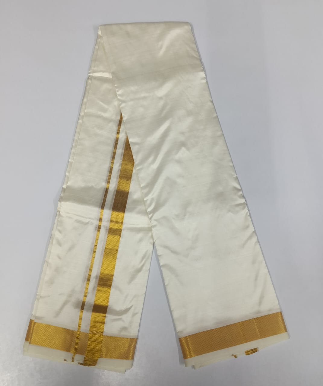 Handloom Pure Silk Dhoti with Angavastram, unstitched in White and Gold Zari Border | SHOBITAM