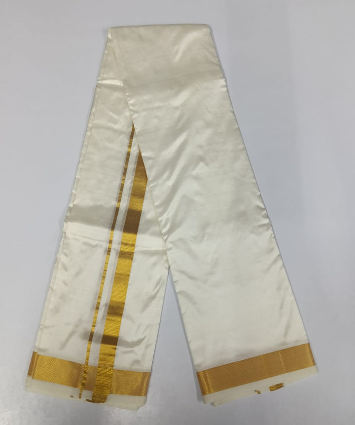 Handloom Pure Silk Dhoti with Angavastram, unstitched in White and Gold Zari Border | SHOBITAM