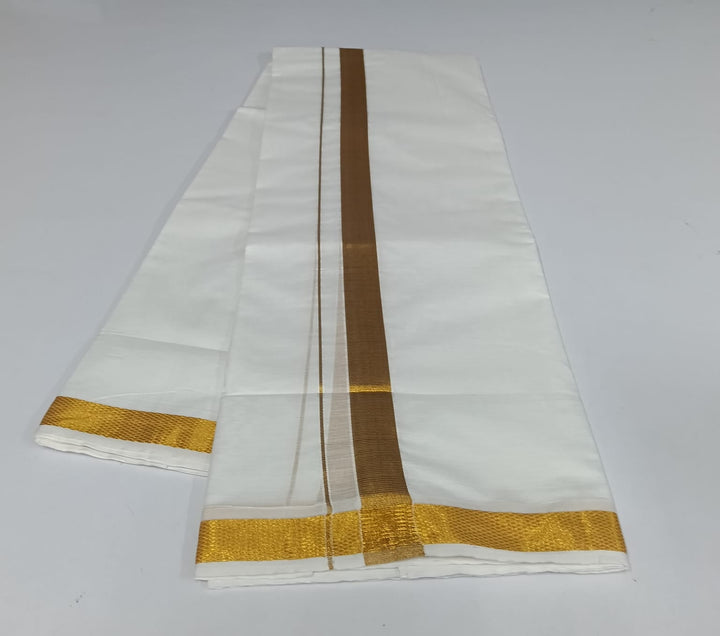Cotton Blend Dhoti and Angavastram, unstitched in White and Gold Zari Border | SHOBITAM