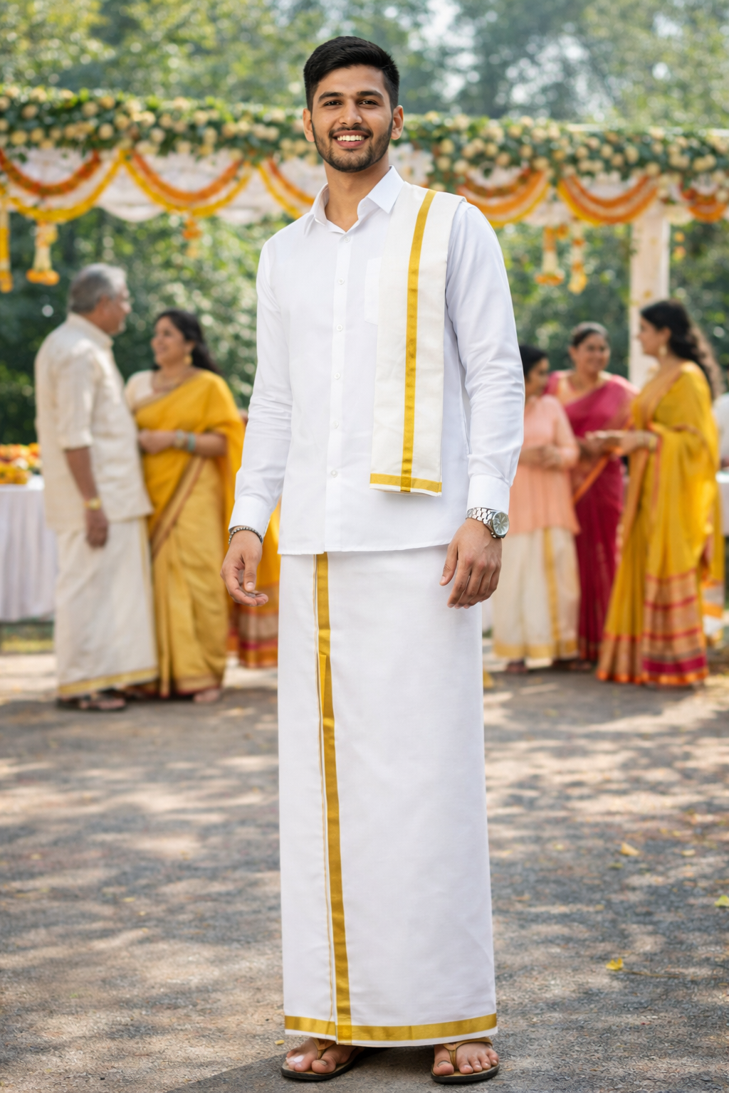 Cotton Blend Dhoti and Angavastram, unstitched in White and Gold Zari Border | SHOBITAM