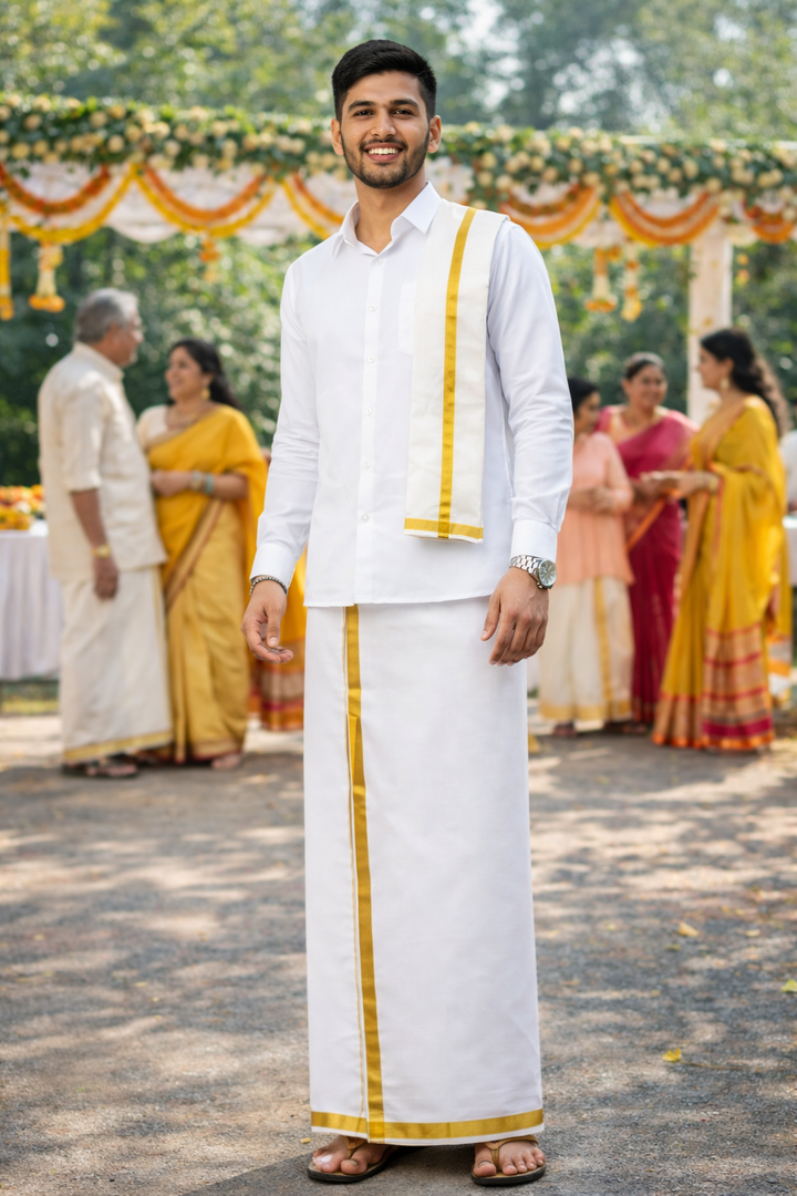 Cotton Blend Dhoti and Angavastram, unstitched in White and Gold Zari Border | SHOBITAM