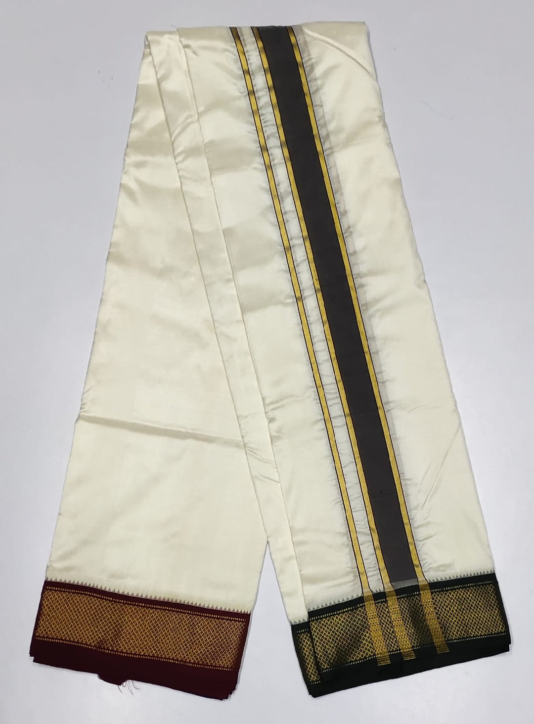 Handloom Pure Silk Dhoti and Angavastram, Unstitched in White and Ganga Jamuna Zari Border | SHOBITAM