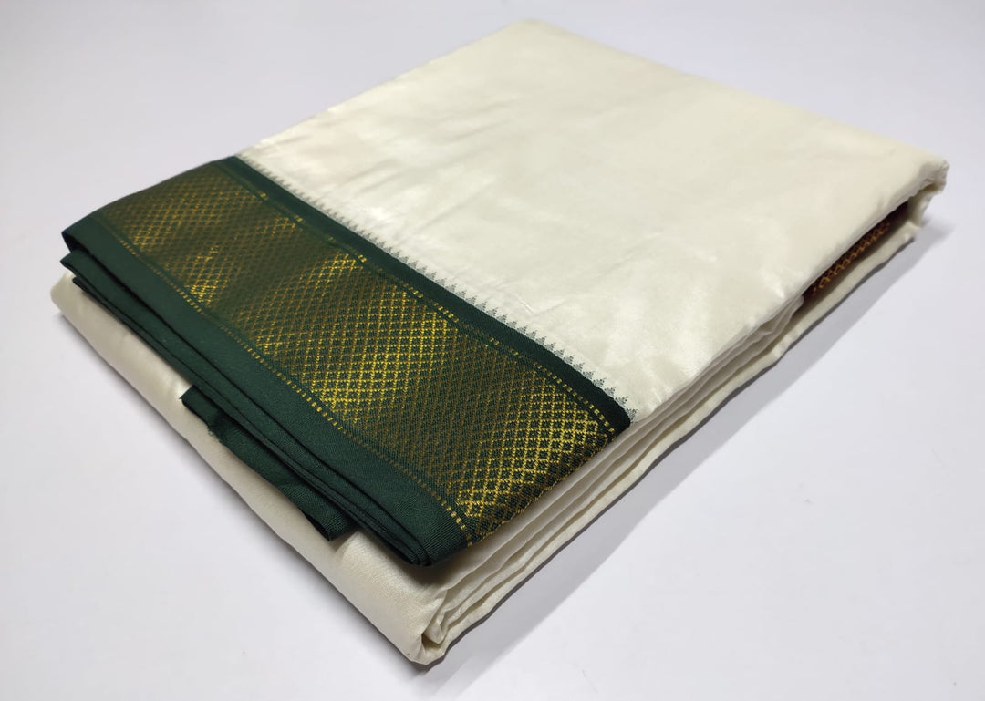 Handloom Pure Silk Dhoti and Angavastram, Unstitched in White and Ganga Jamuna Zari Border | SHOBITAM