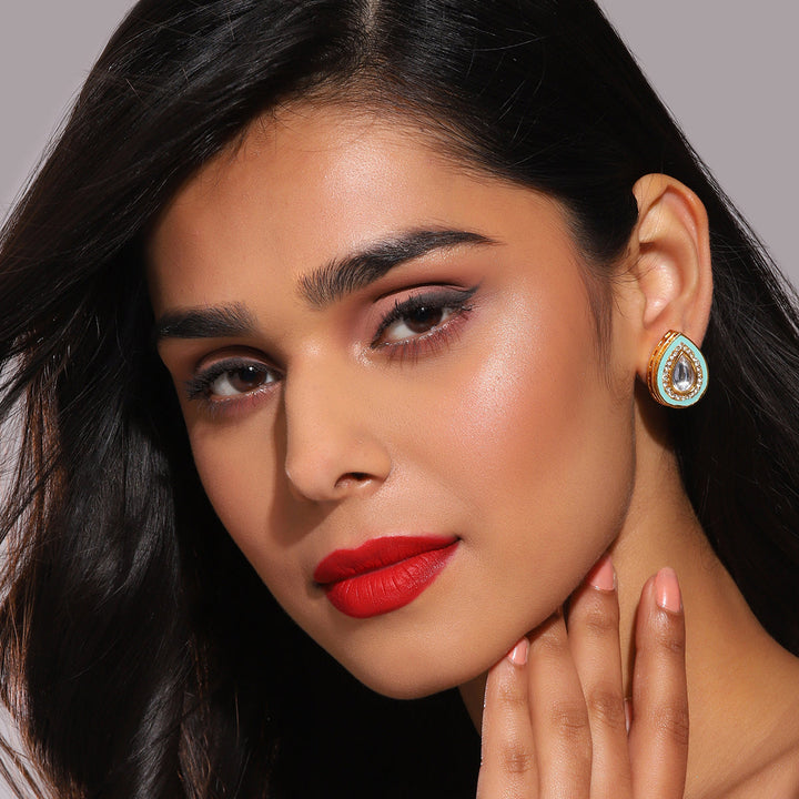 Kundan Tear Drop Studs with Meenakari | SHOBITAM