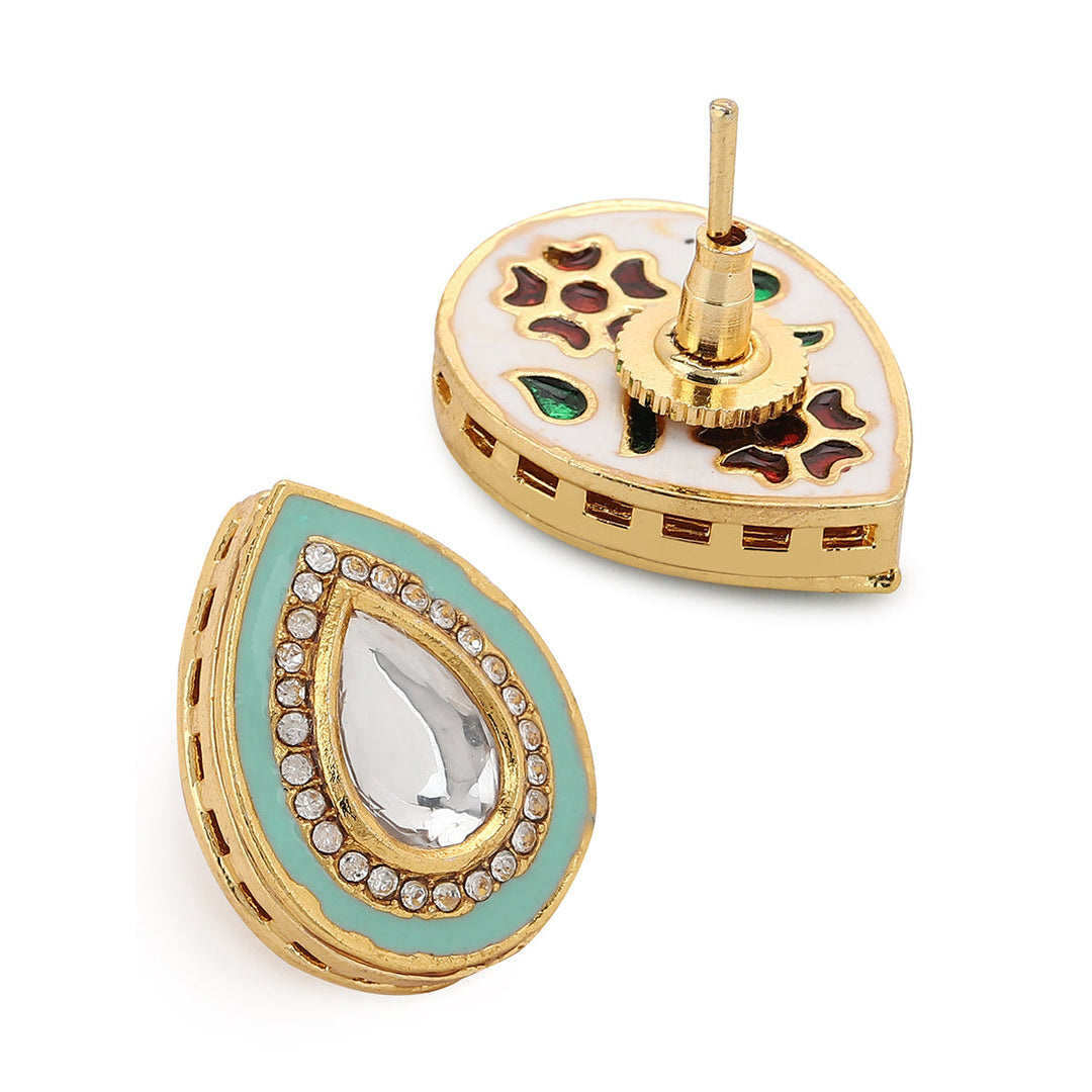 Kundan Tear Drop Studs with Meenakari | SHOBITAM