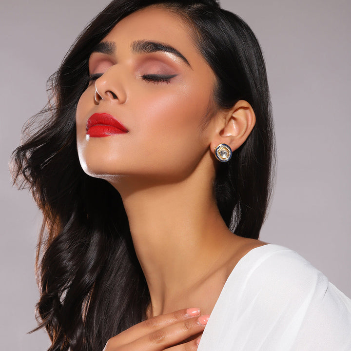 Kundan Studs with Diamonds and Blue Meenakari | SHOBITAM