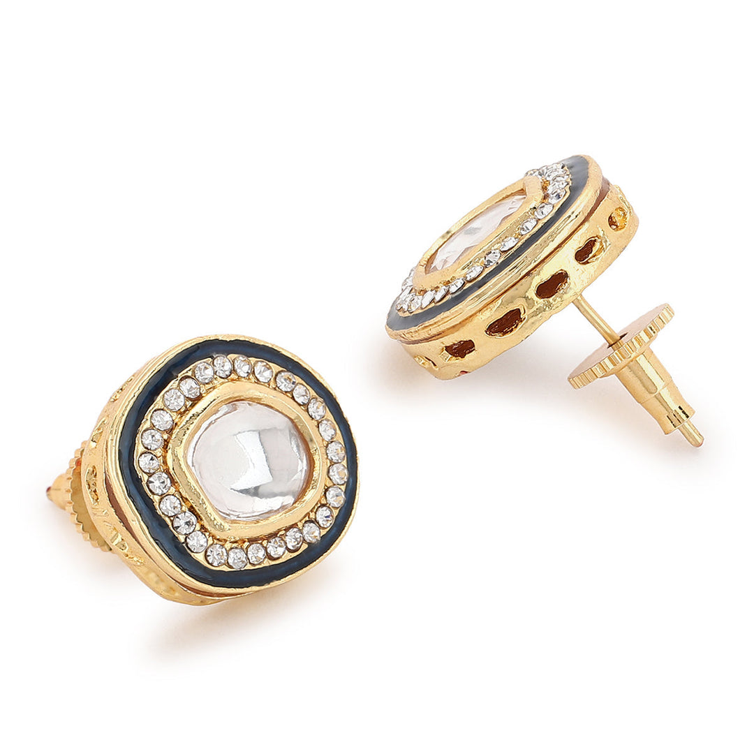 Kundan Studs with Diamonds and Blue Meenakari | SHOBITAM