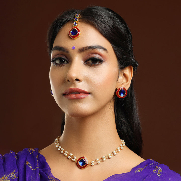 Blue and Red Meenakari Kundan Necklace with Earrings & Maang Tikka  | SHOBITAM