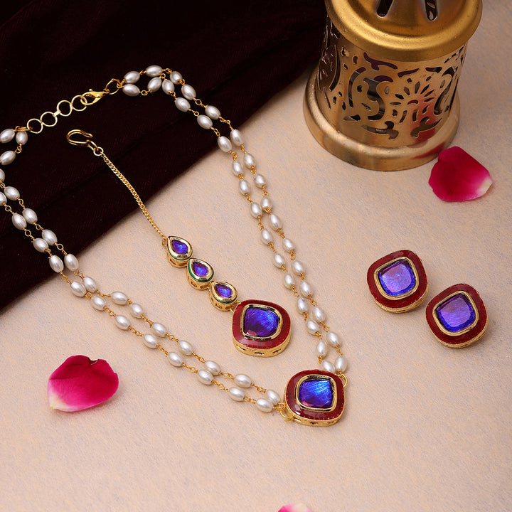 Blue and Red Meenakari Kundan Necklace with Earrings & Maang Tikka  | SHOBITAM