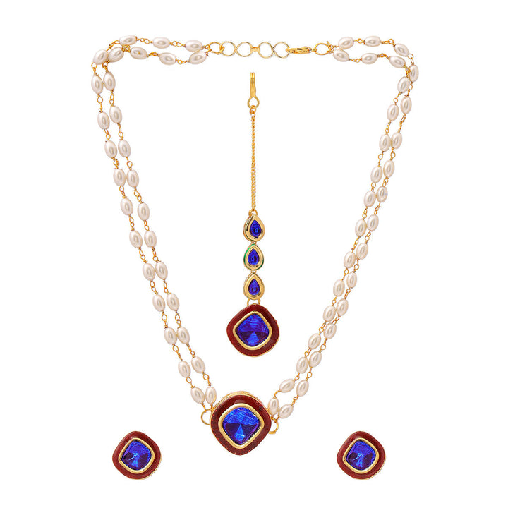 Blue and Red Meenakari Kundan Necklace with Earrings & Maang Tikka  | SHOBITAM