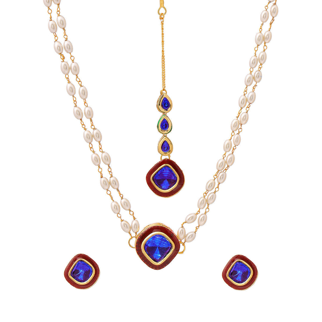 Blue and Red Meenakari Kundan Necklace with Earrings & Maang Tikka  | SHOBITAM