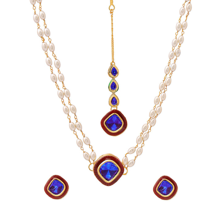 Blue and Red Meenakari Kundan Necklace with Earrings & Maang Tikka  | SHOBITAM