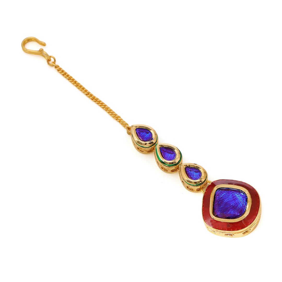 Blue and Red Meenakari Kundan Necklace with Earrings & Maang Tikka  | SHOBITAM