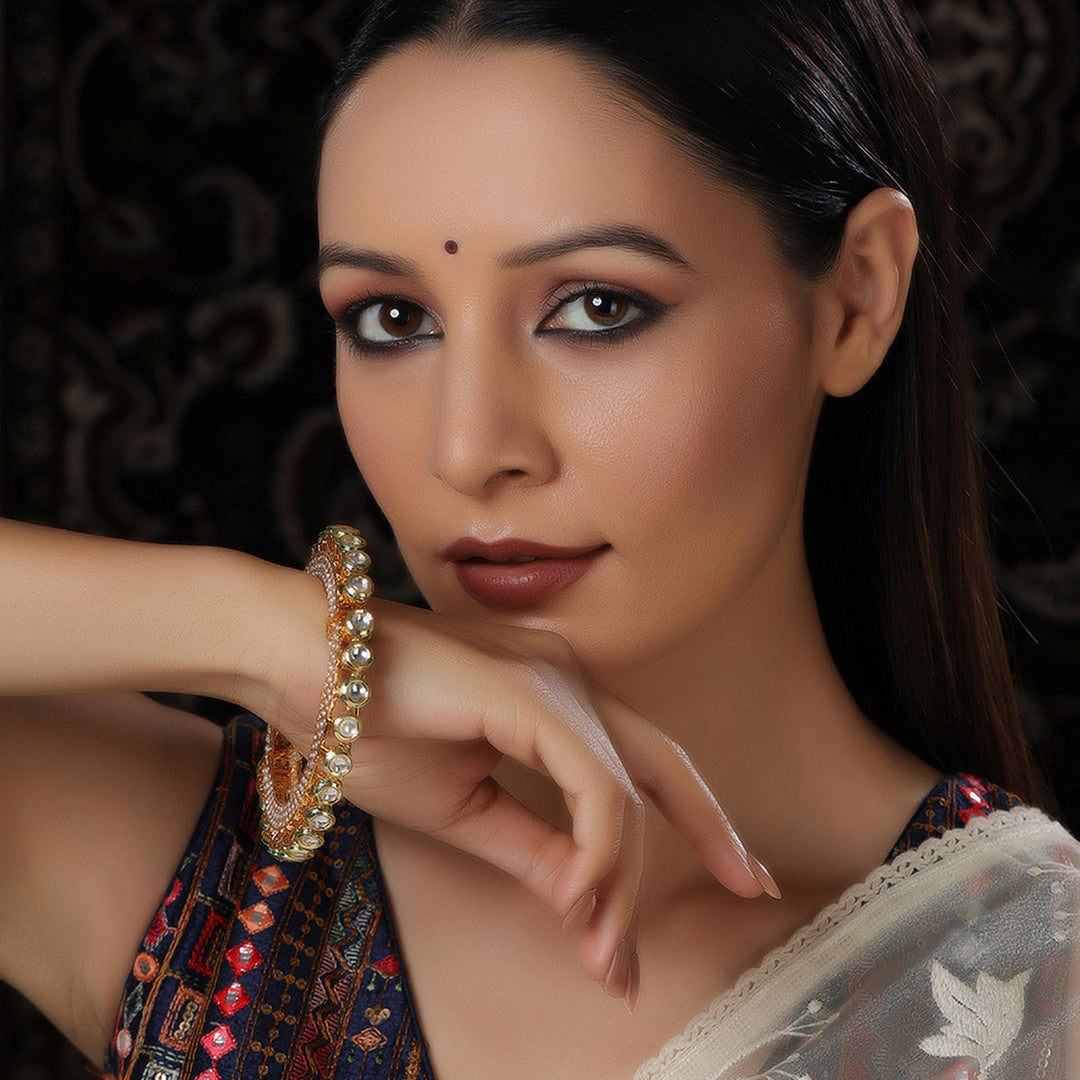 Ruby Raang Kundan and Pearl Studded Bangle | SHOBITAM