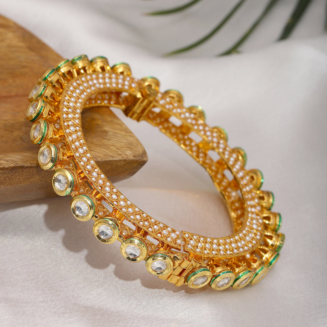 Ruby Raang Kundan and Pearl Studded Bangle | SHOBITAM