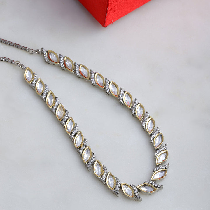 Leaf Shaped Neckpiece in Dual Tone Kundan and American Diamonds | SHOBITAM