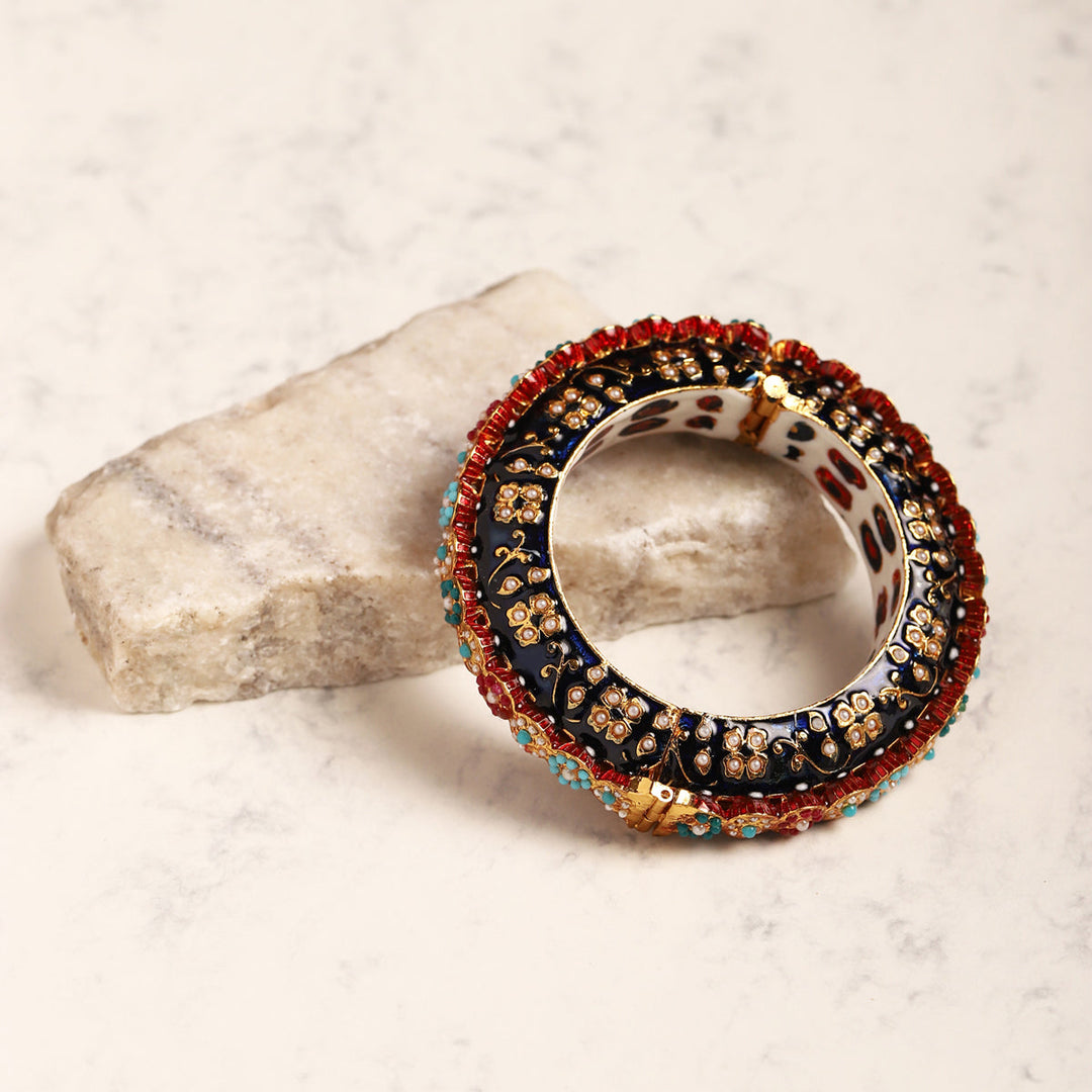 Blue Enameled Gold Plated Kundan Bangle, size 2.6 | SHOBITAM