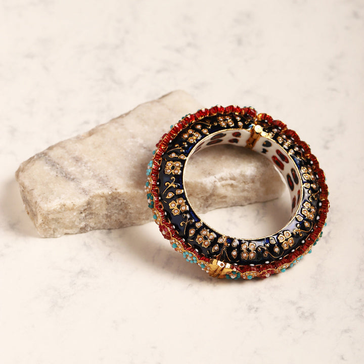 Blue Enameled Gold Plated Kundan Bangle, size 2.6 | SHOBITAM