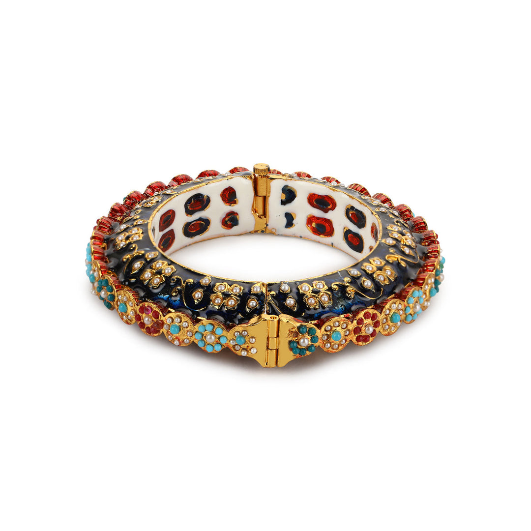 Blue Enameled Gold Plated Kundan Bangle, size 2.6 | SHOBITAM
