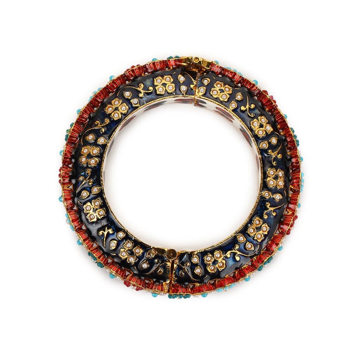 Blue Enameled Gold Plated Kundan Bangle, size 2.6 | SHOBITAM