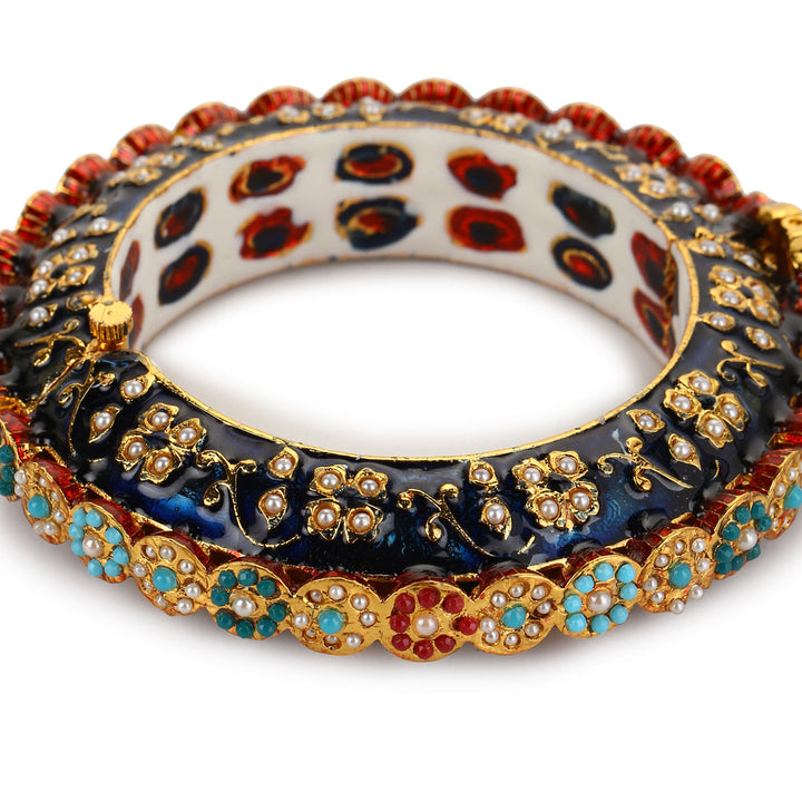 Blue Enameled Gold Plated Kundan Bangle, size 2.6 | SHOBITAM
