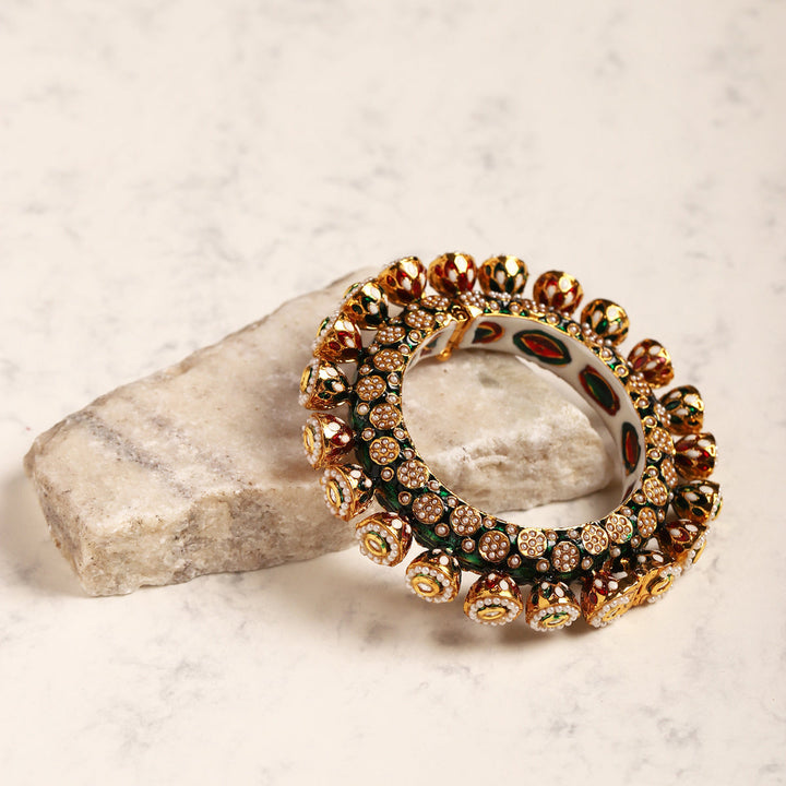 Green Enameled Gold Plated Kundan Bangle | SHOBITAM