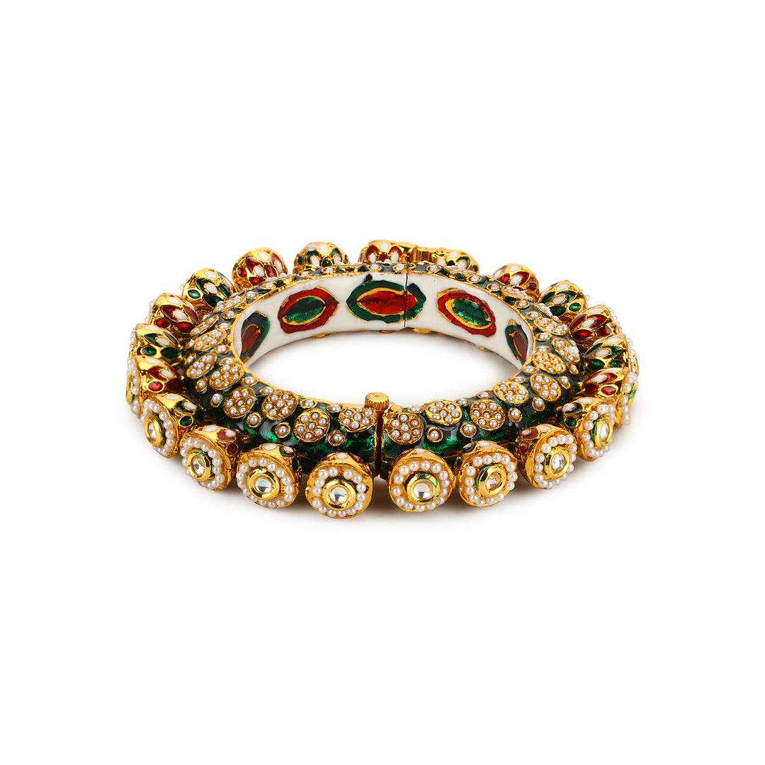 Green Enameled Gold Plated Kundan Bangle | SHOBITAM