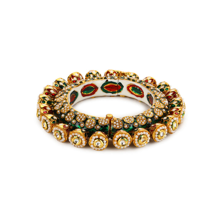 Green Enameled Gold Plated Kundan Bangle | SHOBITAM