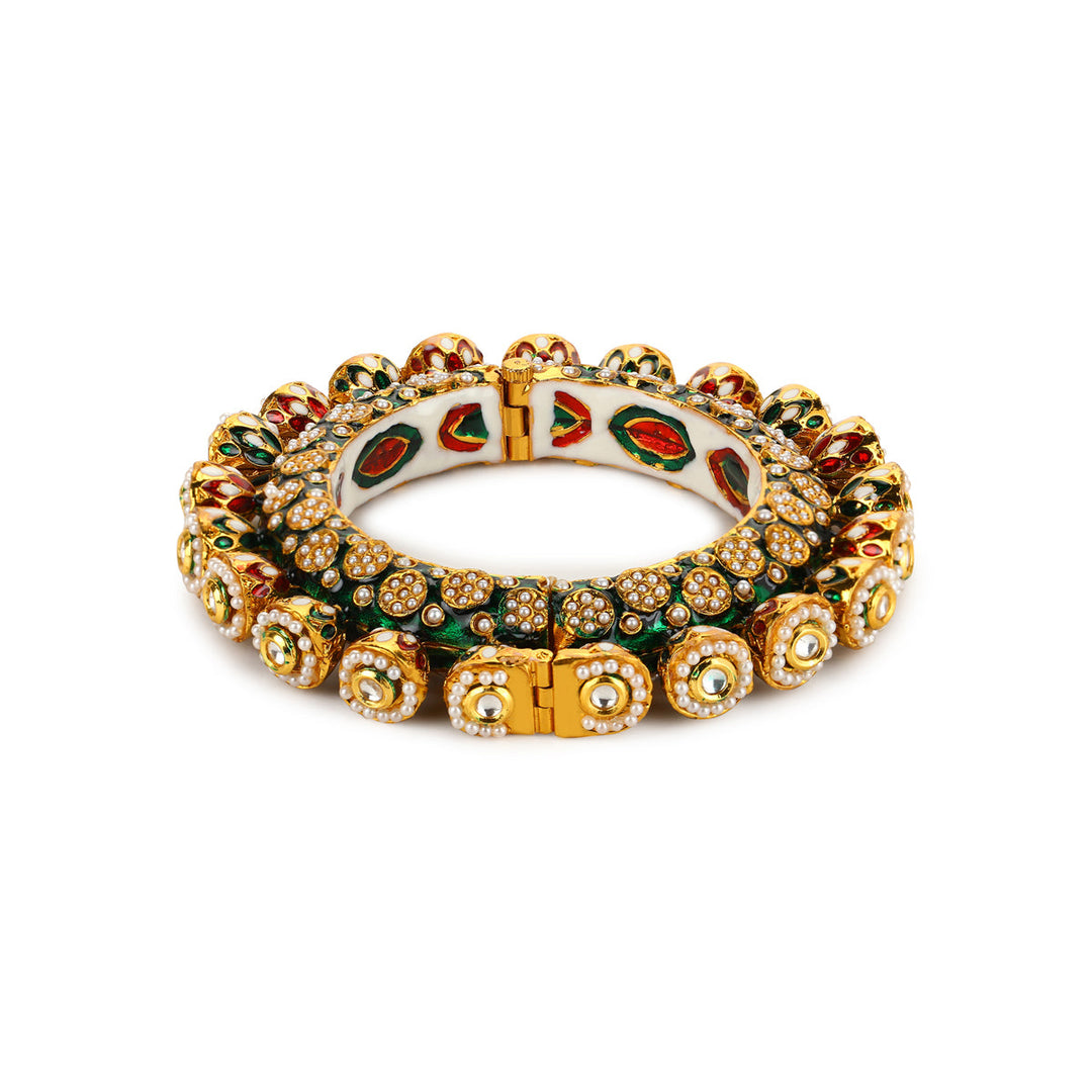 Green Enameled Gold Plated Kundan Bangle | SHOBITAM