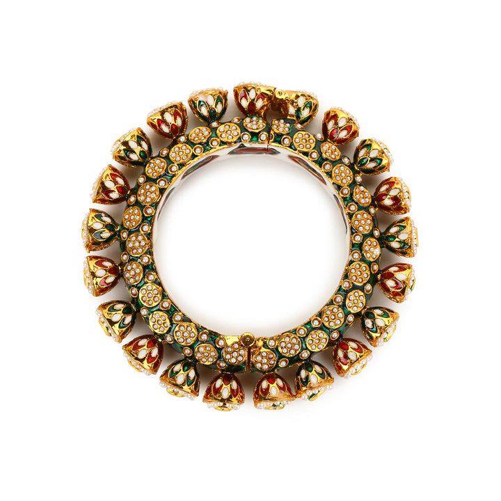 Green Enameled Gold Plated Kundan Bangle | SHOBITAM