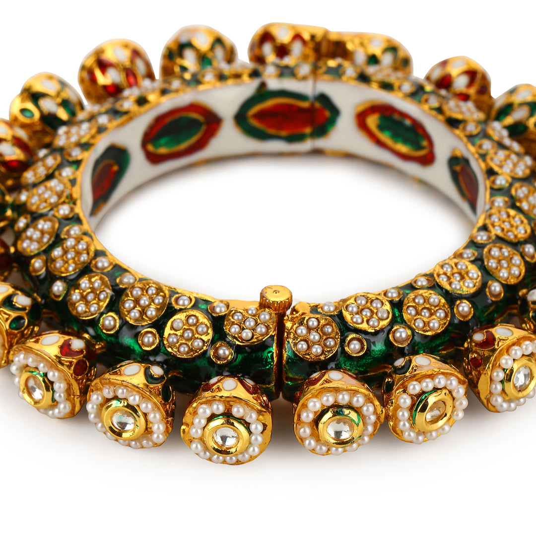 Green Enameled Gold Plated Kundan Bangle | SHOBITAM