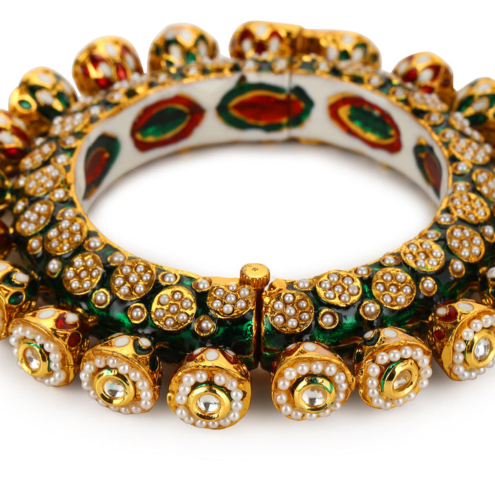 Green Enameled Gold Plated Kundan Bangle | SHOBITAM