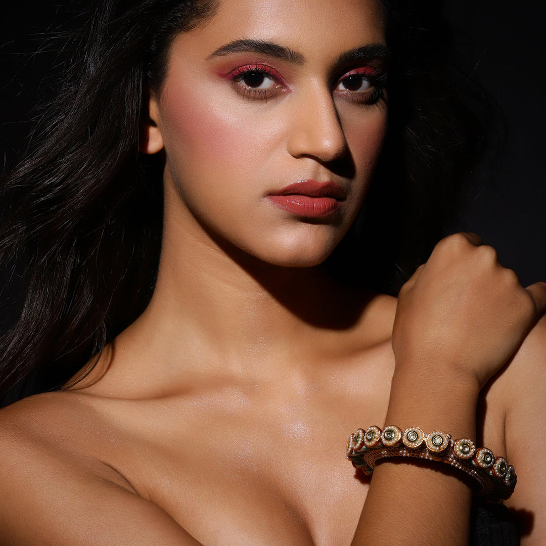 Green Enameled Gold Plated Kundan Bangle | SHOBITAM