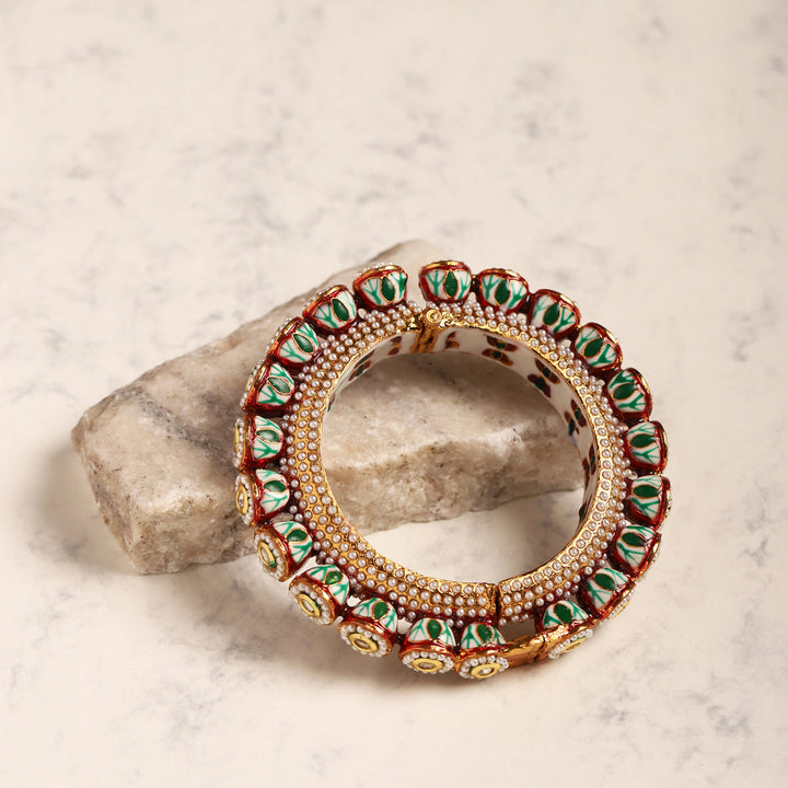Green Enameled Gold Plated Kundan Bangle | SHOBITAM